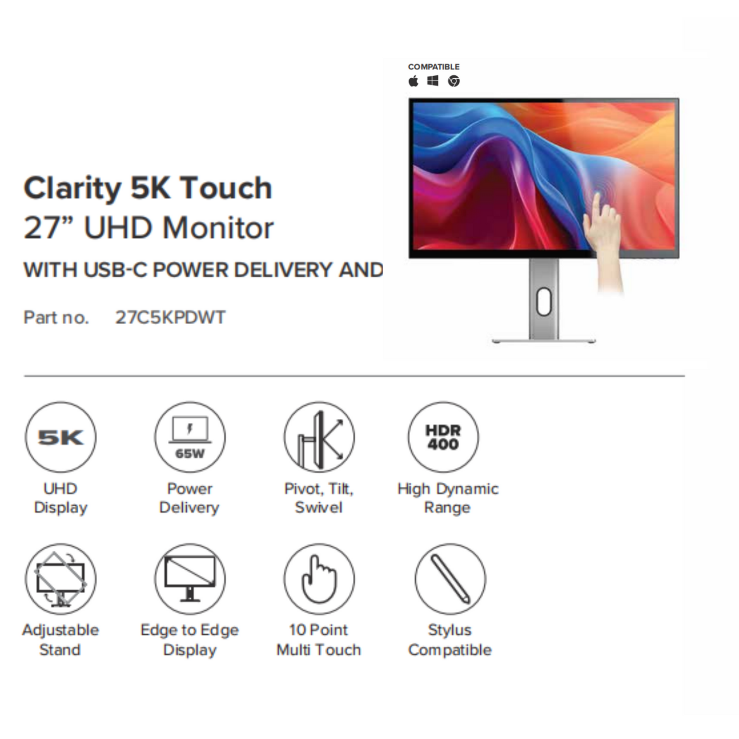 ALOGIC Clarity 27” 5K Touch UHD Monitor | USB-C POWER DELIVERY | TOUCH SCREEN | Adjustable Stand