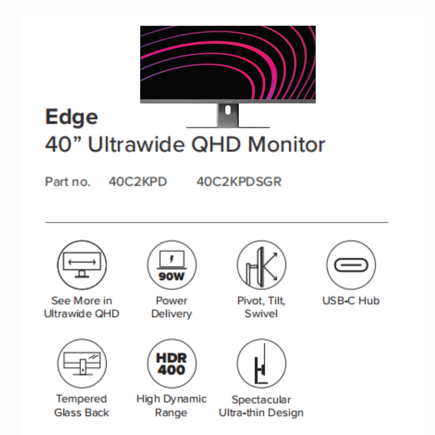 ALOGIC 40" Edge 21:9 Ultrawide QHD Monitor | USB-C Dock and 90W Power Delivery