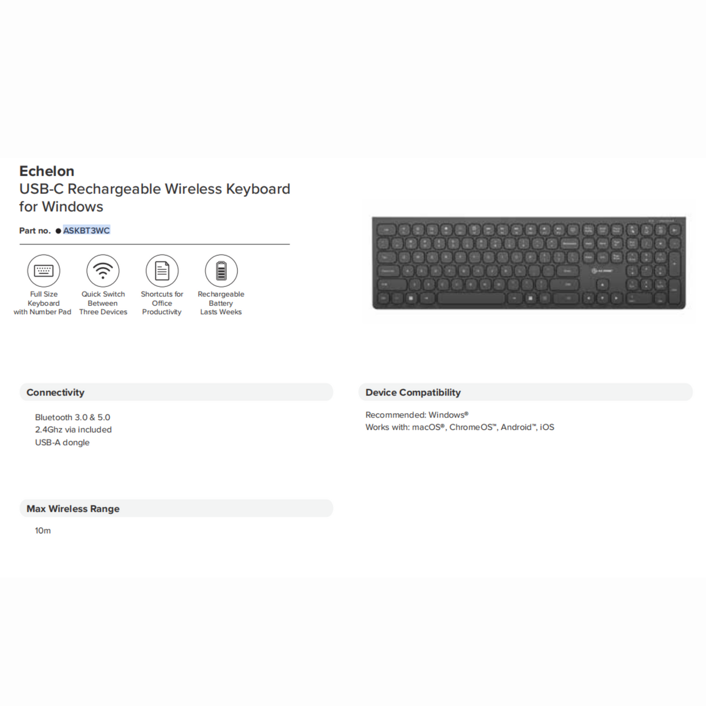 ALOGIC- Echelon USB-C Rechargeable Wireless Mouse and Keyboard for Windows